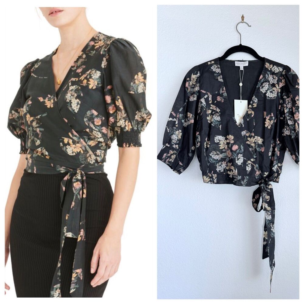 NWT Secret Mission Cape Town Bleeker Wrap Top in Black Mix Floral Size Small